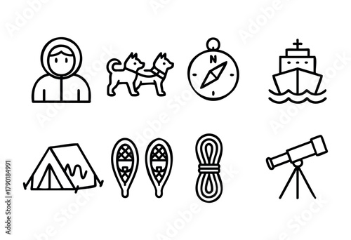 Collection of line art icons depicting various adventure and exploration elements, including a hooded person, sled dogs, compass, ship, tent, snowshoes, coiled rope, and telescope, all in a modern out