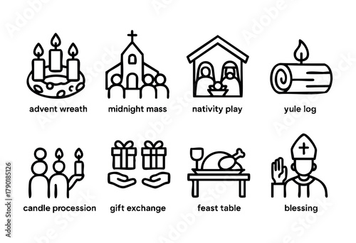 Christmas and Christian holiday traditions depicted as a collection of outline icons, including advent wreath, midnight mass, nativity play, yule log, candle procession, gift exchange, feast table, an