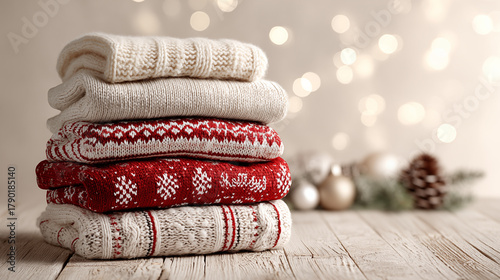 Cozy folded Christmas sweaters on wooden table with holiday lights