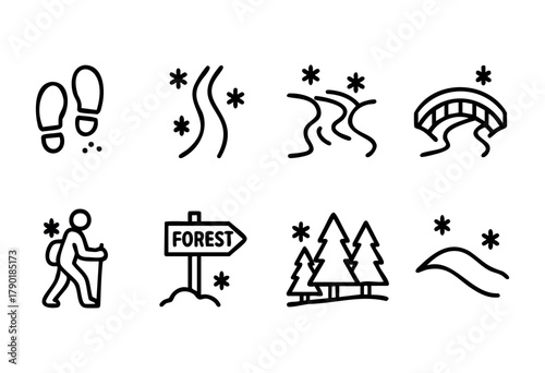 Footprints, wavy lines, a bridge, and trees depict a hiking trail. These symbols guide adventurers through the forest, encouraging exploration of nature.