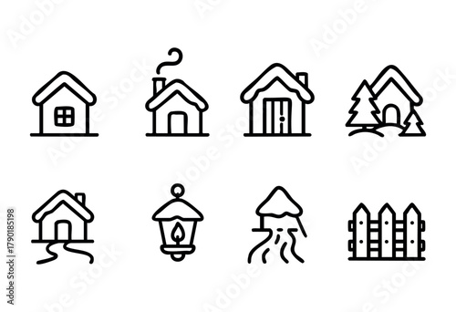 Winter and home outline icons set: various house designs, snow-covered roofs, a glowing lantern, chimney smoke, pine trees, a winding path, and a rustic fence.