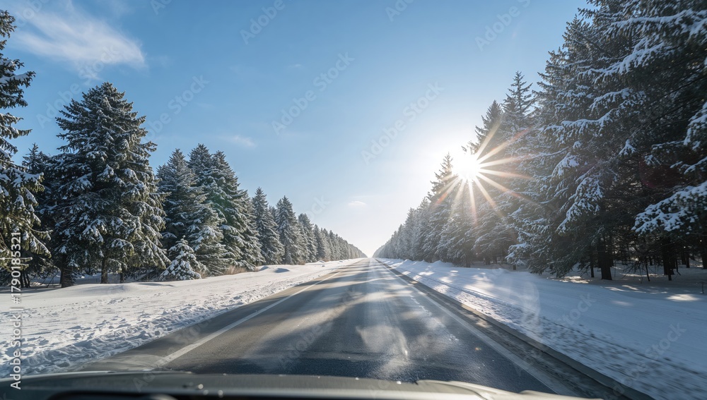 Obraz premium Snow-covered landscape with pine trees and bright blue sky, showcasing winter beauty and seasonal charm