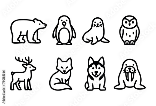 A collection of eight cute, minimalistic outline icons featuring various Arctic and Northern animals, including a polar bear, penguin, seal, owl, deer, fox, husky, and walrus, depicted in a simple bla