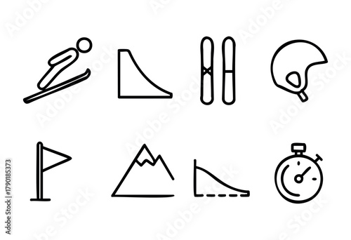 A collection of black and white line art icons depicting various elements of ski jumping and winter sports, including a ski jumper in action, a jump ramp, a pair of skis, a helmet, a flag, mountains w
