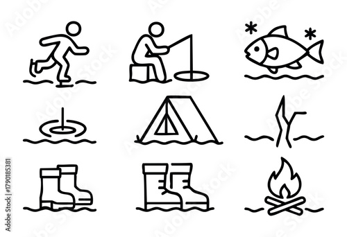 A collection of outline icons representing various outdoor winter and camping activities, including ice skating, ice fishing, a frozen fish, a fishing bobber, a tent, a bare tree, rubber boots, and a 