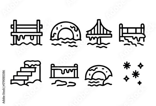 A public park is experiencing flooding, with benches and a bridge partly submerged in water. A floating donut can be seen amidst the rising water levels, creating a surreal scene.