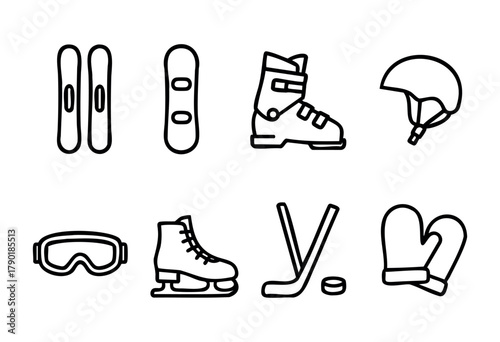 A set of eight black line art icons representing essential winter sports and ice hockey equipment, including skis, a snowboard, ski boot, helmet, goggles, ice skate, hockey stick with puck, and mitten