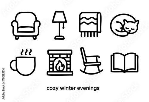 A collection of cozy home elements and relaxation icons, featuring an armchair, floor lamp, folded blanket, sleeping cat, steaming mug, fireplace, rocking chair, and an open book.