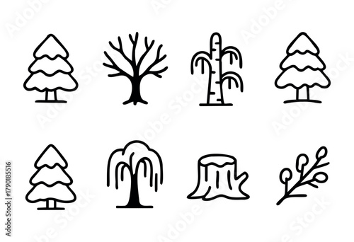 A collection of various hand-drawn, black and white outline tree and nature icons, featuring firs, a bare tree, bamboo, a weeping willow, a tree stump, and a pussy willow branch.