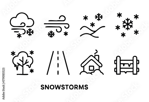 A collection of simple outline icons depicting various snowstorm and winter weather phenomena, including strong winds, falling snow, snow-covered landscapes, and common winter scenes.