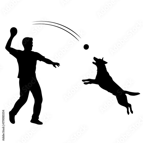 Active man throws ball for dog jumping joyfully in mid air, pure canine fun and outdoor play