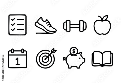 A collection of hand-drawn outline icons representing various aspects of self-improvement and goal setting, including fitness, healthy eating, education, financial planning, organization, and ambition