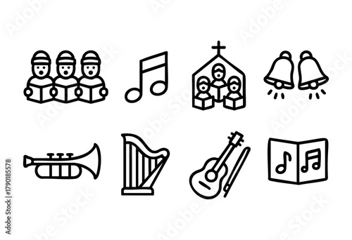 A collection of black and white line art icons representing festive music themes, including caroling choirs, a church choir, various musical instruments such as trumpet, harp, and guitar, musical note