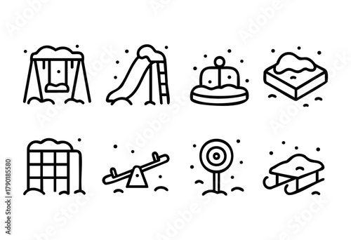A collection of eight minimalist black-and-white line icons depicting various playground and outdoor children's activities, featuring a swing, slide, carousel, sandbox, climbing frame, seesaw, a snow 