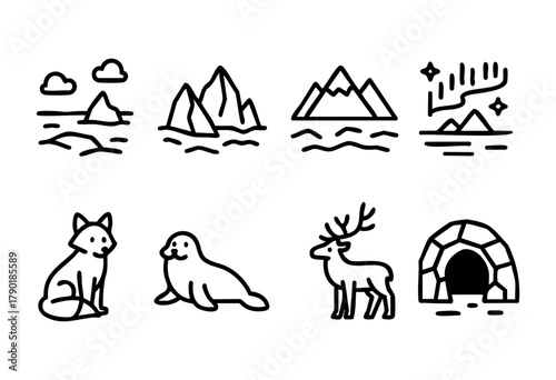 A collection of Arctic and winter themed icons featuring icebergs, mountains, northern lights, an arctic fox, a seal, a reindeer, and an igloo, all designed in a thin outline style.