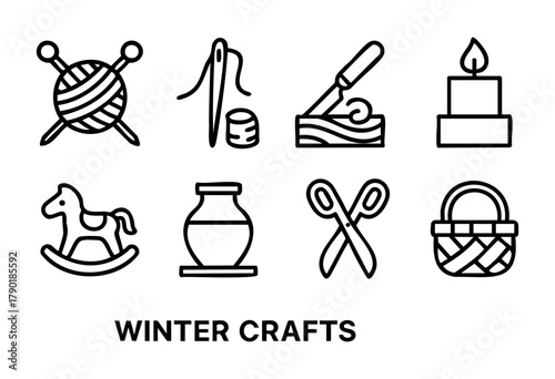 A collection of minimalist outline icons illustrating various winter crafts and creative hobbies, featuring elements such as knitting, sewing, wood carving, pottery, and crafting tools like scissors a