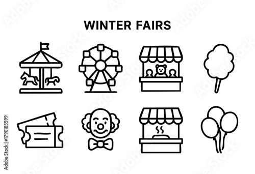 Winter Fairs icons featuring classic amusement park and carnival elements such as a carousel, Ferris wheel, game booth, and food stall, alongside items like cotton candy, entrance tickets, a clown, an