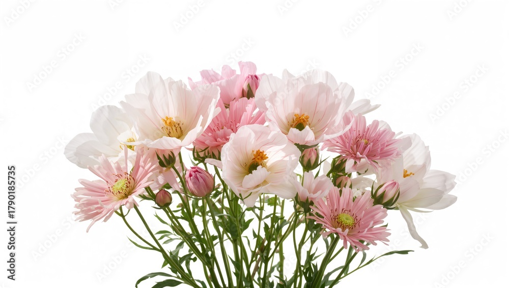 Fototapeta premium Wildflowers displayed against a white backdrop, suitable for editorial header background