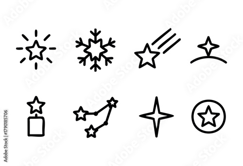 This collection features various simple icons of stars, snowflakes, and constellations designed for creative projects and digital artworks, highlighting simplicity and versatility.