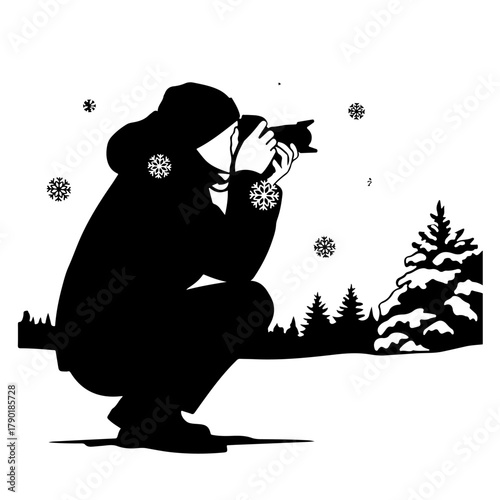 Creative photographer captures winter magic with snowflakes falling on snowy trees and pine forest