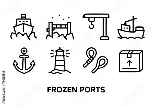 A collection of black outline icons illustrating various port and maritime elements, including a ship, pier, crane, boat, anchor, lighthouse, rope, and a cargo box, accompanied by the text "FROZEN POR