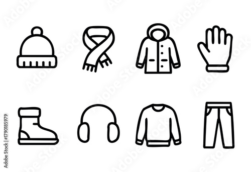Display of winter clothing essentials including a hat, scarf, gloves, coat, boots, earmuffs, sweatshirt, and jeans ideal for cold conditions and outdoor activities.