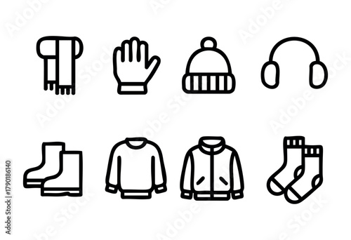 A collection of eight black outline icons representing various winter clothing items including a scarf, gloves, a beanie, earmuffs, boots, a sweater, a jacket, and socks on a white background.