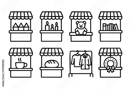 A collection of eight minimalist outline icons depicting various market stalls and retail items, including handcrafted goods, candles, a teddy bear, books, a coffee stall, a bakery, a clothing rack, a