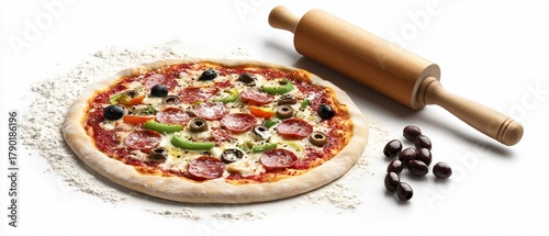 Fototapeta Naklejka Na Ścianę i Meble -  Savory Salami Pizza with Colorful Toppings