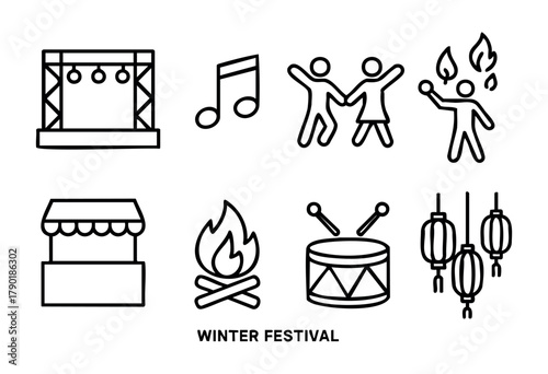 Winter festival showcases lively music and dance performances, food stalls offering warm treats, a vibrant bonfire, and engaging fire shows for all attendees to enjoy.