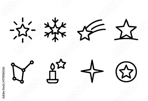 A collection of minimalist icons features stars, snowflakes, shooting stars, a candle, and constellations, designed for creative projects and digital applications.