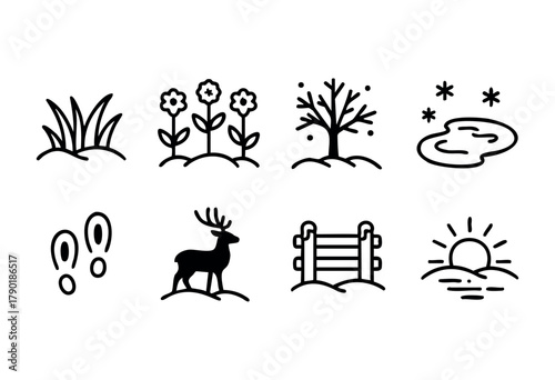 Collection of simple line art icons representing a frozen meadow landscape, featuring elements such as grass, winter flowers, a tree, a pond, deer paw prints, a deer, a log fence, and a sunrise, all i