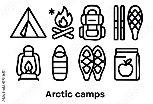 Various symbols and icons represent key elements of Arctic camps, including tents, backpacks, snowshoes, and cooking gear for outdoor adventures.