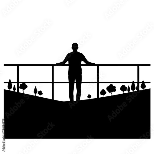 Man stands on balcony overlooking stylized park trees and rolling hills, black silhouette against white