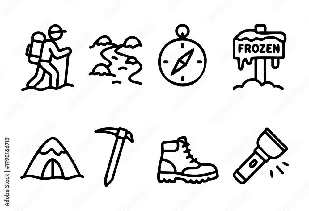 Fototapeta premium Outdoor adventure vector icons: hiker, mountain, compass, frozen sign, tent, ice axe, hiking boot, and flashlight in a hand-drawn line art style.