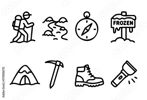 Outdoor adventure vector icons: hiker, mountain, compass, frozen sign, tent, ice axe, hiking boot, and flashlight in a hand-drawn line art style.
