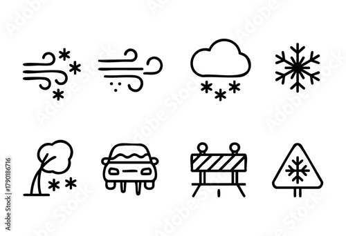 Various weather symbols depict winter scenes including wind, snowflakes, a snow-covered car, fallen tree, and road barriers warning of snow hazards.