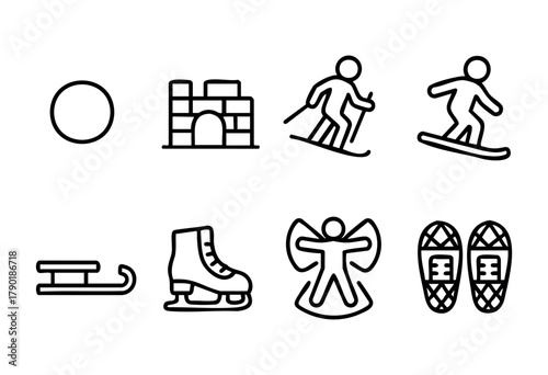 Collection of outline icons representing various winter activities and elements, including an igloo, skier, snowboarder, sled, ice skate, snow angel, and snowshoes.