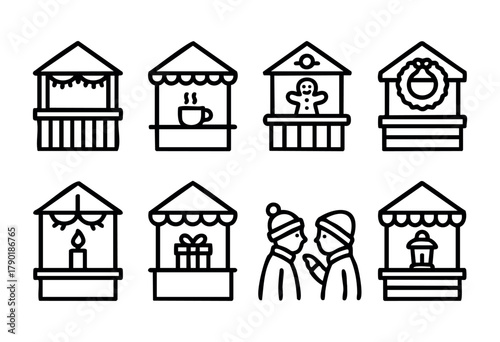 A collection of festive line art icons depicting Christmas market stalls, featuring elements like garlands, a hot drink, a gingerbread man, a wreath, a candle, a gift box, two shoppers, and a lantern.