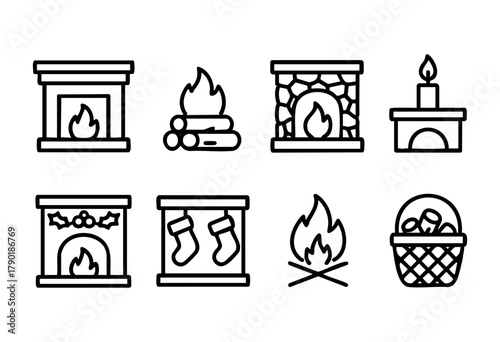 A collection of black outline icons depicting various fire and warmth-related elements, including different styles of fireplaces, campfires, a candle, logs, and holiday-themed items like Christmas sto