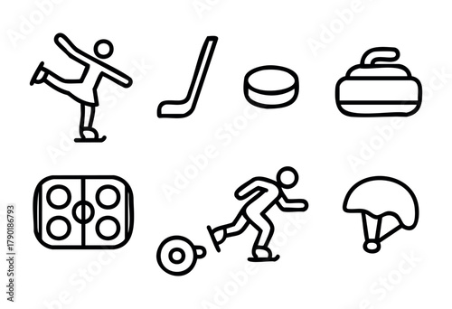 Icons represent different sports including skating, curling, and hockey. The design features a minimalist style showcasing the essence of each sport clearly and simply.