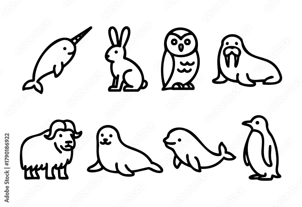 Obraz premium A collection of minimalist outline animal icons, including a narwhal, rabbit, owl, walrus, musk ox, seal, dolphin, and penguin, isolated on a white background.