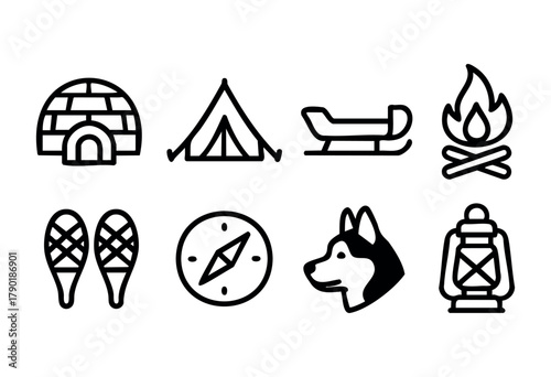 A collection of winter and outdoor adventure themed icons, including an igloo, tent, sled, campfire, snowshoes, compass, husky dog, and lantern, presented in a clean black outline style.