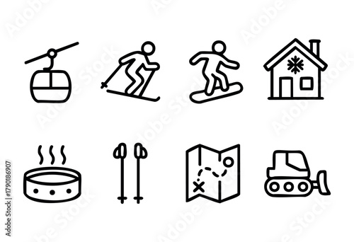 A collection of black outline icons representing winter sports and ski resort activities, including a gondola, skier, snowboarder, ski lodge, hot tub, ski poles, map, and a snowplow.