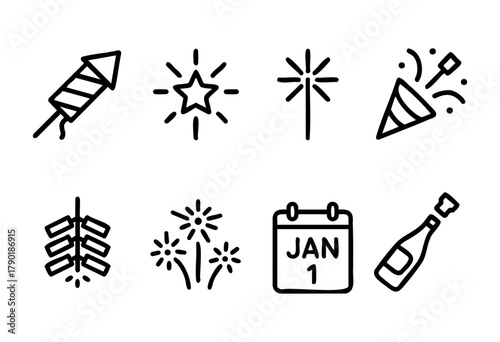 A collection of black outline icons representing New Year's Eve and celebration elements, including fireworks, sparklers, a party popper, a calendar showing January 1, and a champagne bottle on a whit