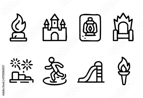 A collection of eight black outline icons featuring elements such as a flame on a stand, a castle, a vintage lantern, a ceremonial throne, a podium with fireworks, a person running on a circular path,