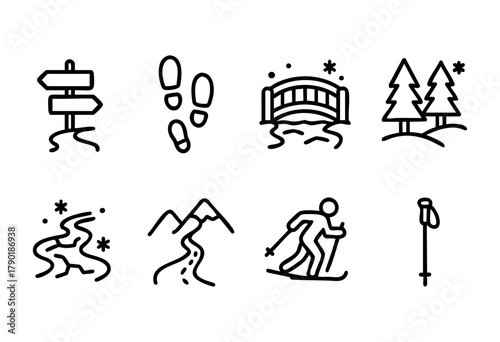 A collection of black and white outline icons representing various outdoor activities and winter sports, including hiking trails, navigation signs, nature elements like mountains and trees, a bridge, 
