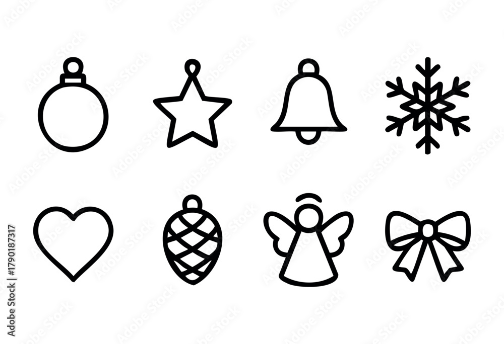Naklejka premium Christmas and holiday symbols: bauble, star, bell, snowflake, heart, pine cone, angel, and bow, presented as a collection of simple black outline icons in a minimalist line art style.