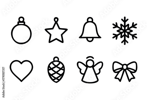 Christmas and holiday symbols: bauble, star, bell, snowflake, heart, pine cone, angel, and bow, presented as a collection of simple black outline icons in a minimalist line art style.