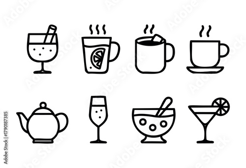 A collection of hand-drawn outline icons depicting various beverages and drinkware: hot steaming mugs, cocktails, a teapot, and champagne, presented in a clean and minimal style.